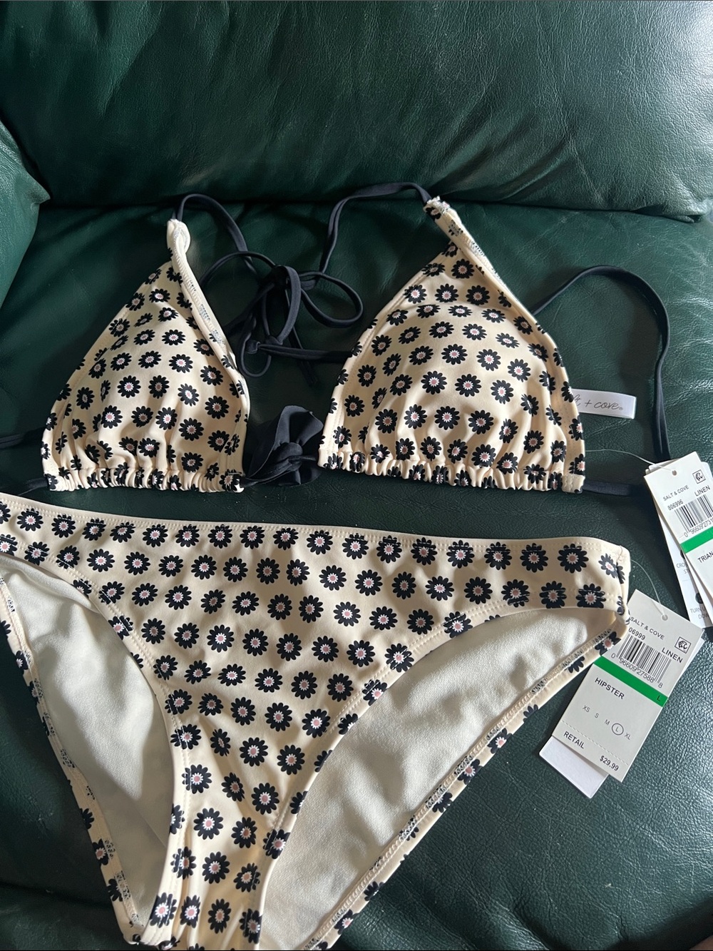 Salt + Cove Cream Floral Triangle Bikini with Black Daisy Print